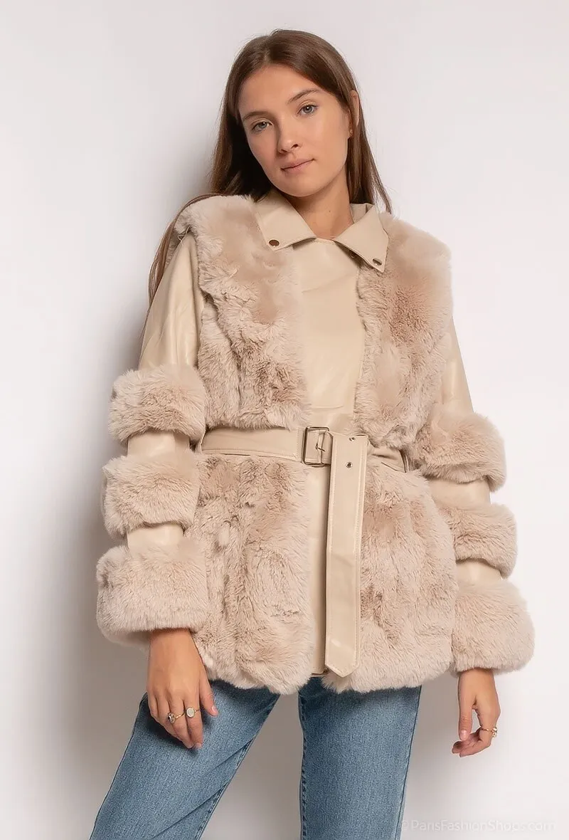Bi-material coat in fur and fake leather