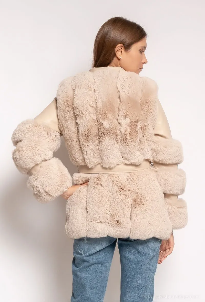 Bi-material coat in fur and fake leather