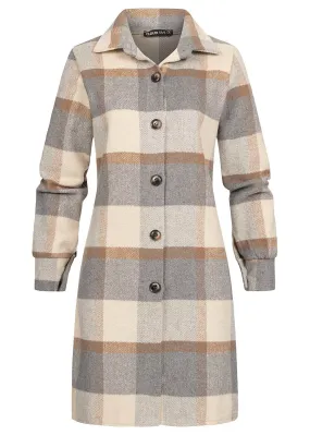 Cloud5ive Damen Longform Shacket-Jacke mit Knopfleiste kariert beige grau