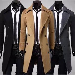 Fashion Solid Color Double-breasted Men's Woolen Coat