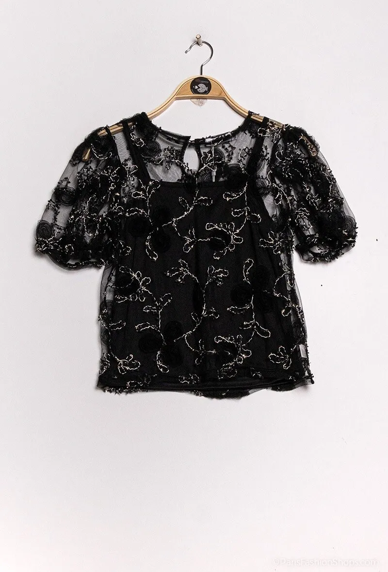 Flower tulle blouse with inner coat