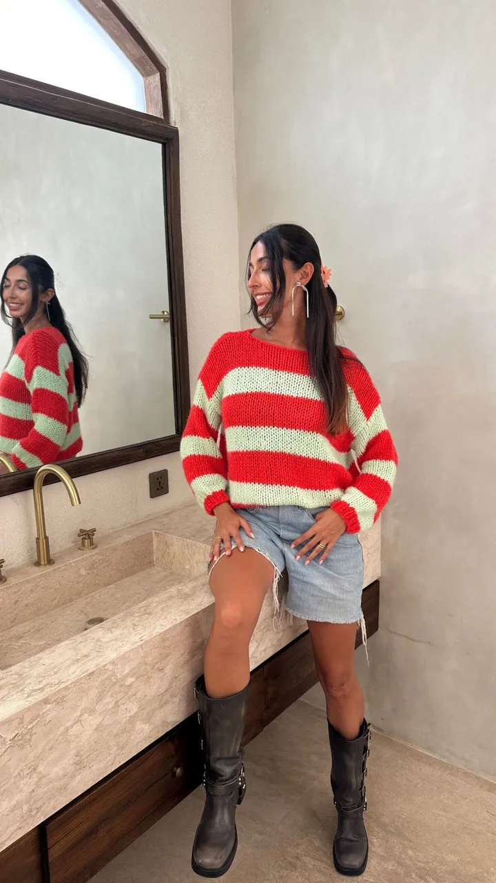 Heidi Mode | Zweifarbiger Horizontal gestreifter Damenpullover