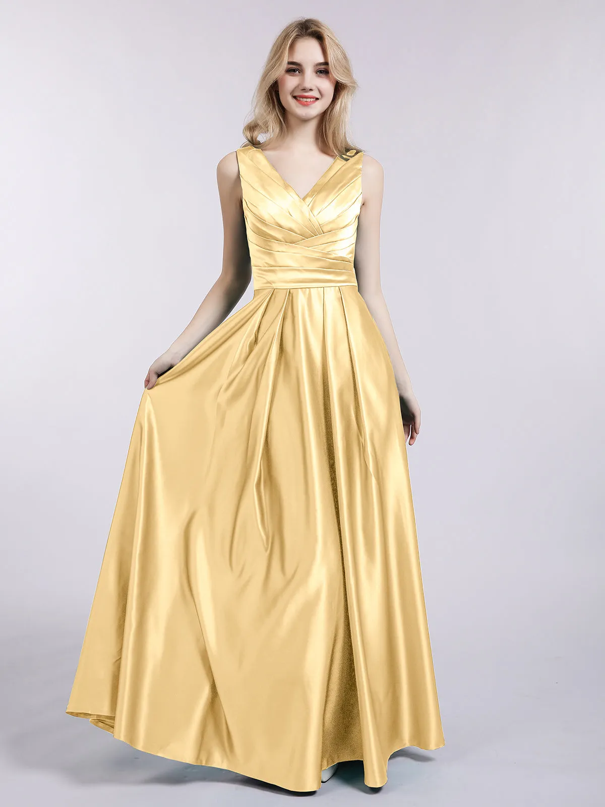 Offener Rücken Lang Satin Kleid mit V-Ausschnitt Gold