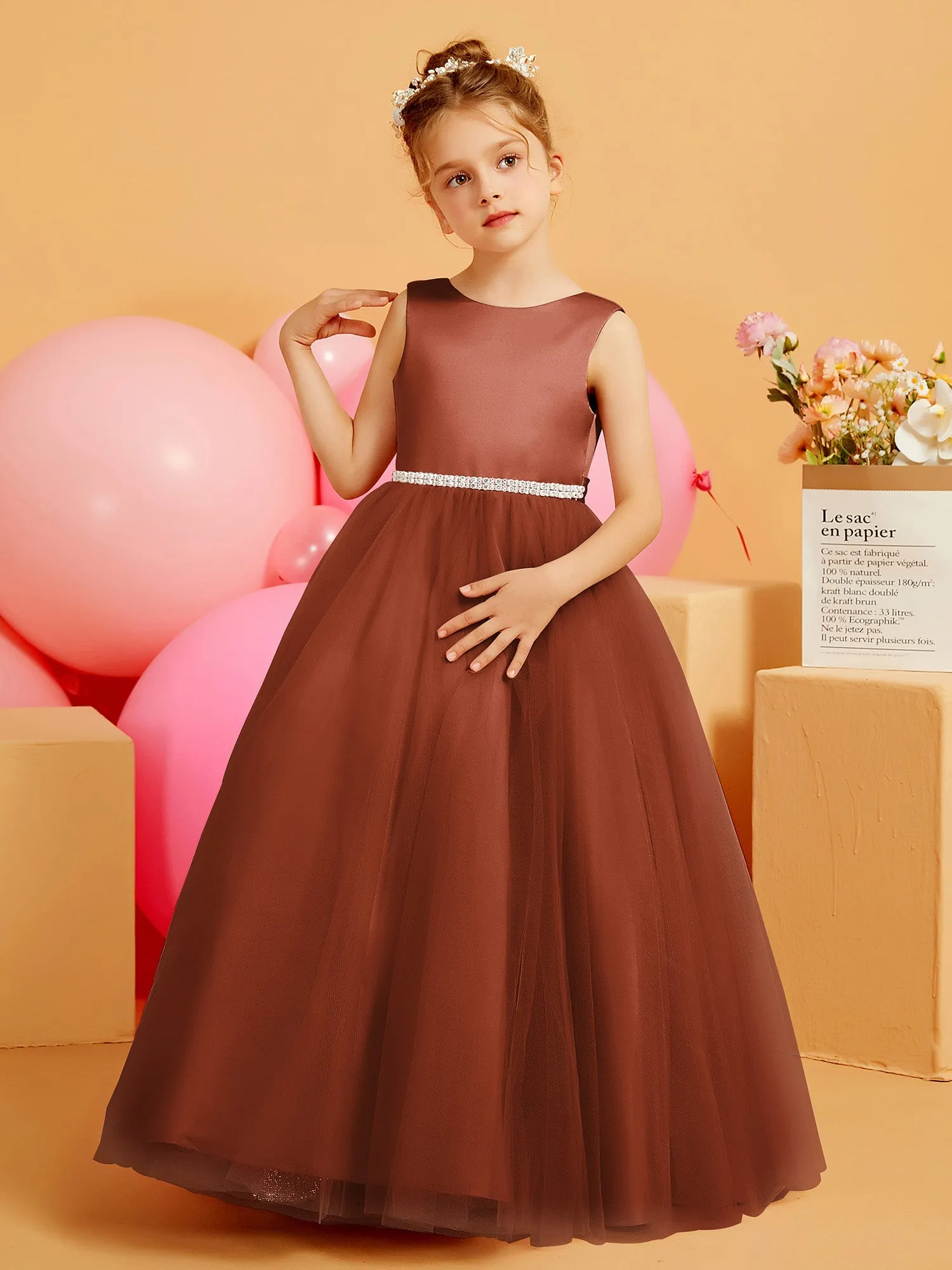 Satin Oberteil Tüll Kleid mit Diamant Taille Dekoration Rost
