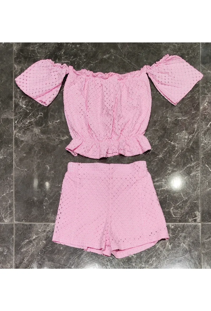 Set aus Spitzenoberteil und Shorts mit hoher Taille
