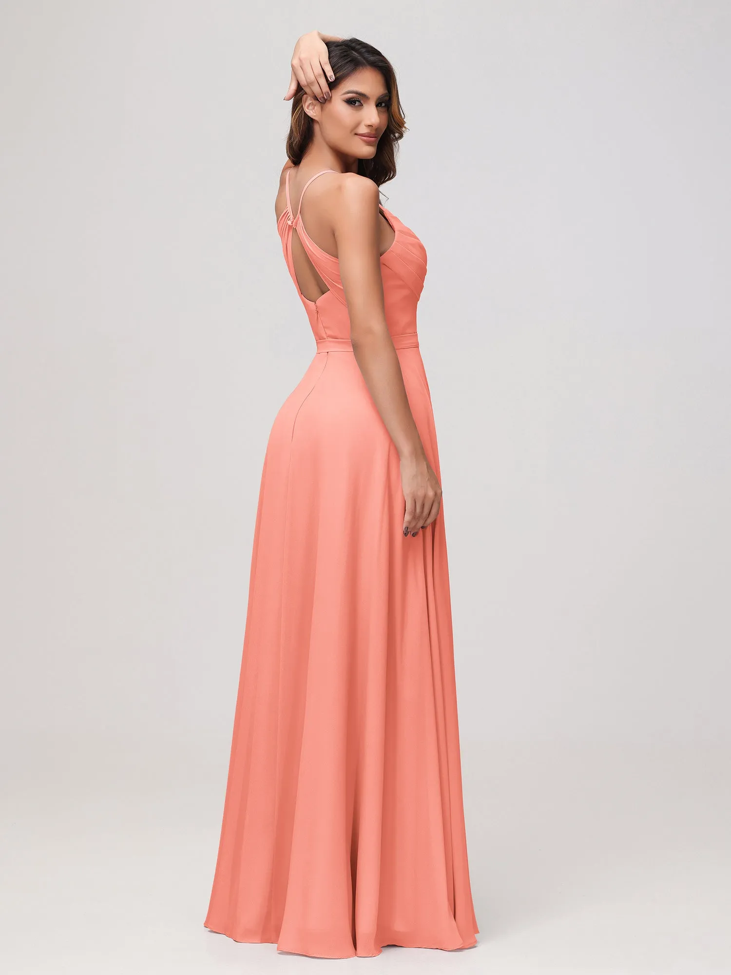 Sexy Rundhalsausschnitt Rüschen Chiffon Lang Kleid mit Schlitz Sonnenuntergang