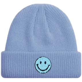 Smiley Hellblaue Mütze – Beaniemütze mit Chenille Patch