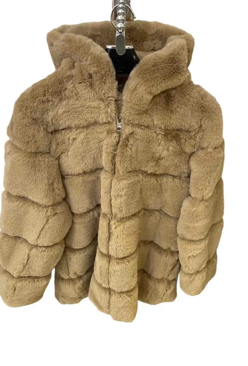 Synthetic fur coat with hood