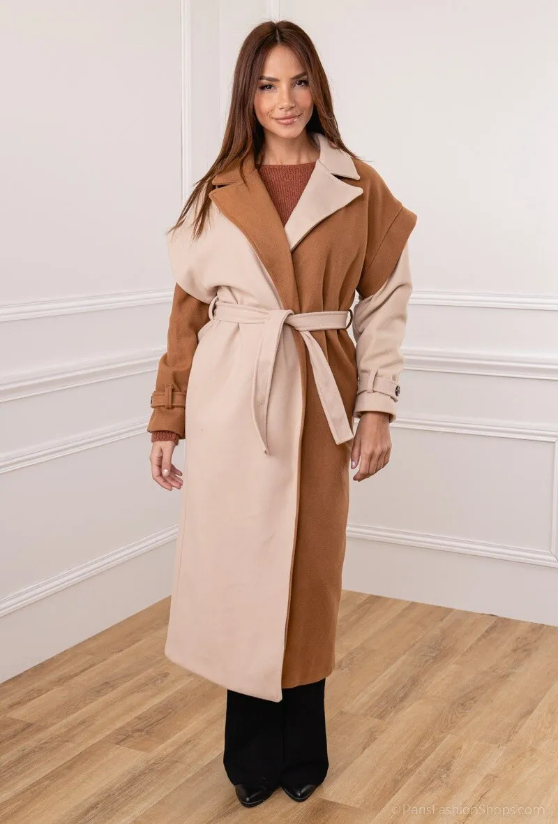 Two-tone coat with belt