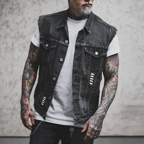 Vintage Old-washed Stand Collar Distressed Skull Printed Denim Sleeveless Jacket/Vest for Men