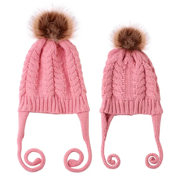 Warme 2-teilige Eltern-Kind-Mütze Weiche Winterstrickmütze Familien-Häkelmütze Skimütze mit Bommel und Zopf